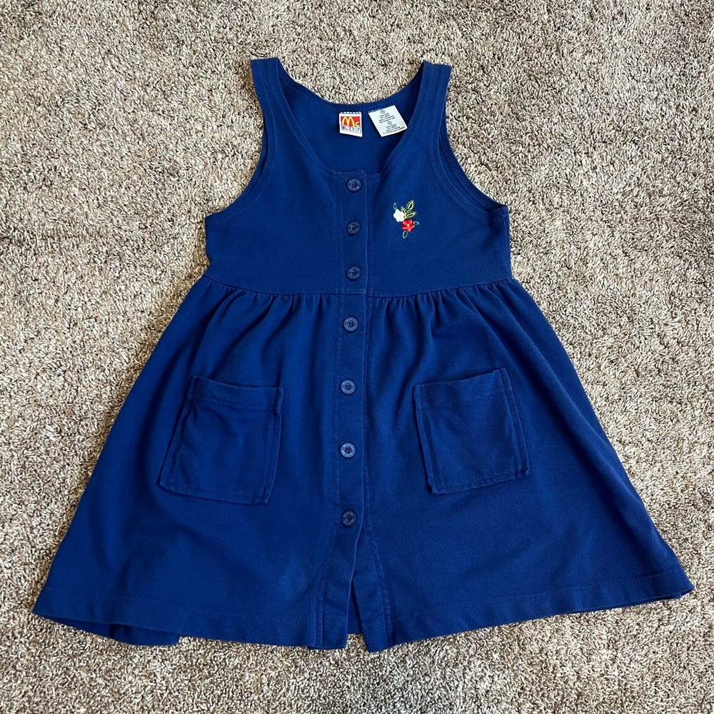 McKids Vintage Girl’s Blue Sleeveless Jumper Dress 5 Embroidered Flowers Retro